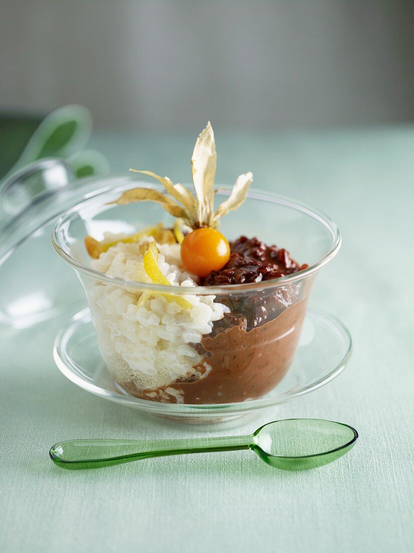 Rice pudding with chocolate, physalis and raisins