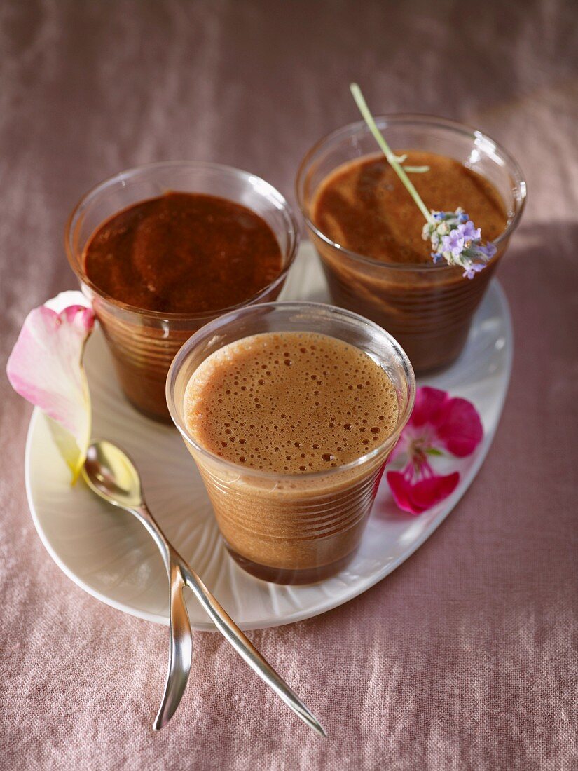 Three chocolate mousses (dark chocolate, nougat and milk chocolate)