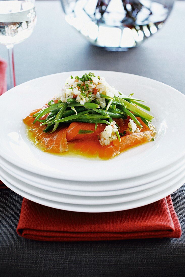 Smoked salmon with green beans and aubergine caviar