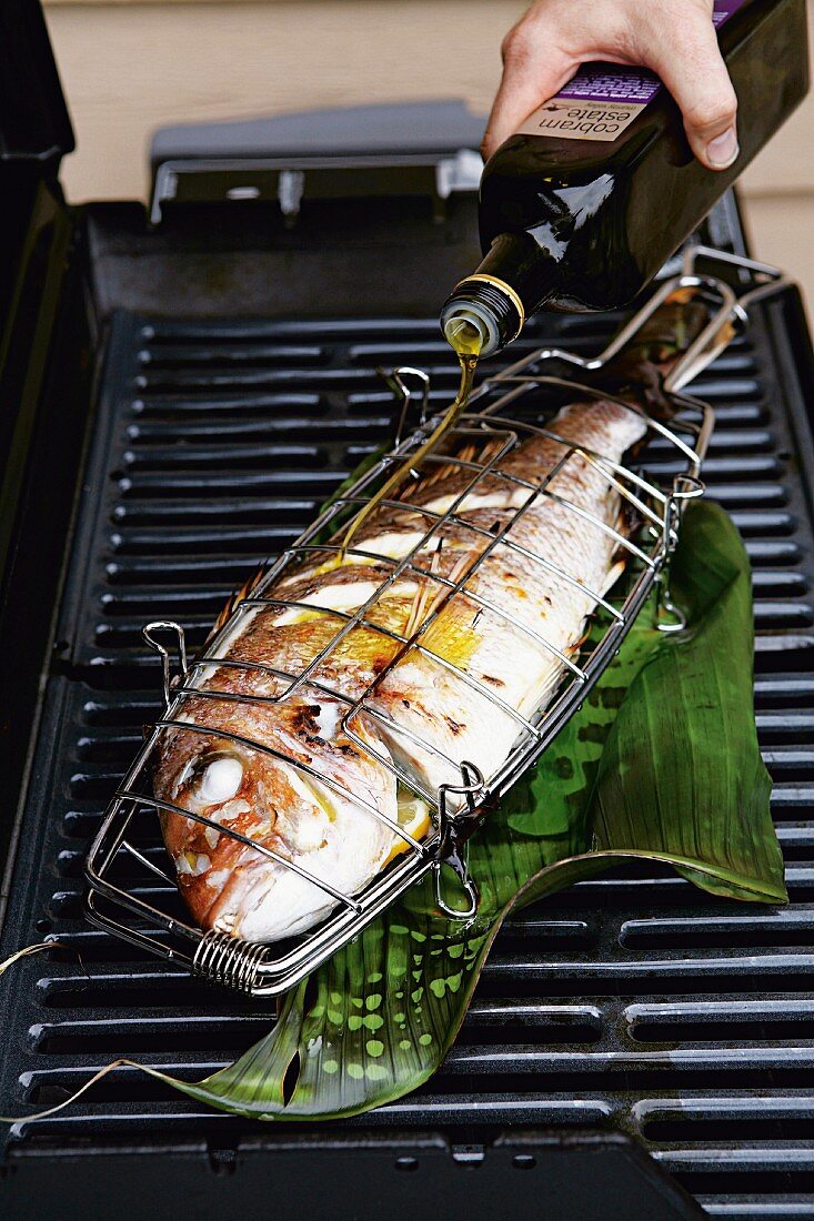 Red snapper being drizzled with olive oil on a grill