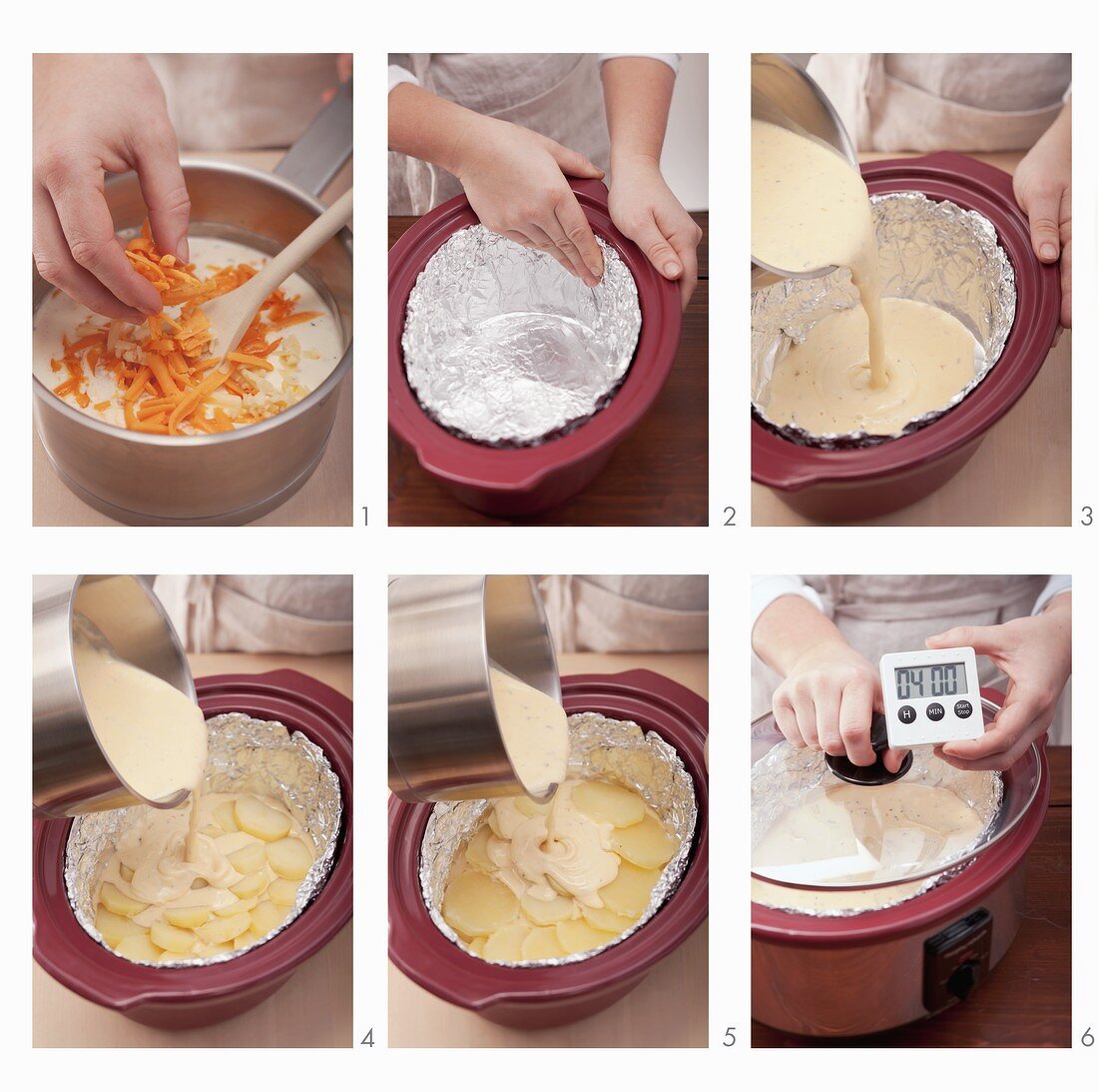 Scalloped potatoes being made in a slow cooker