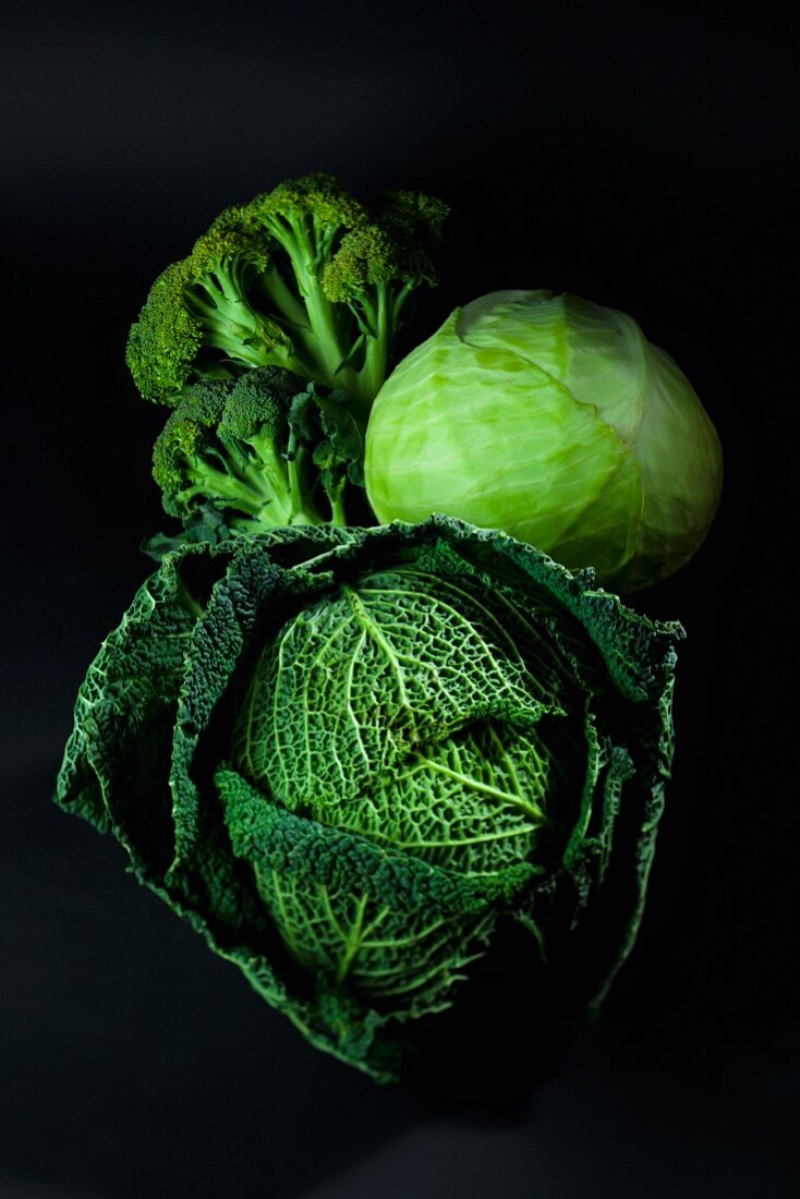 An arrangement of savoy cabbage, white cabbage and broccoli
