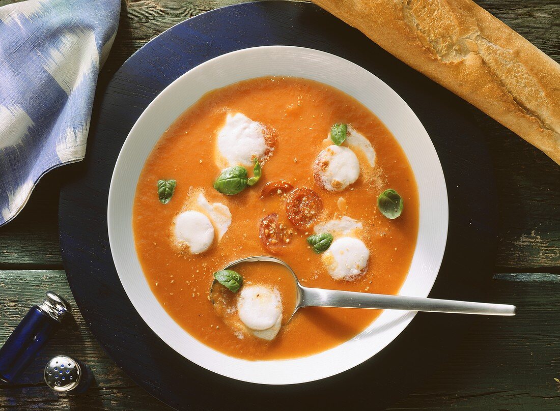 Cream of Tomato Soup with Mozzarella and Basil