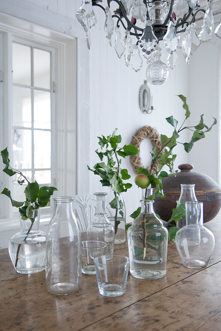 Verschiedene Glasflaschen mit Blätterzweigen und Apfelzweig auf Holztisch in ländlichem Ambiente