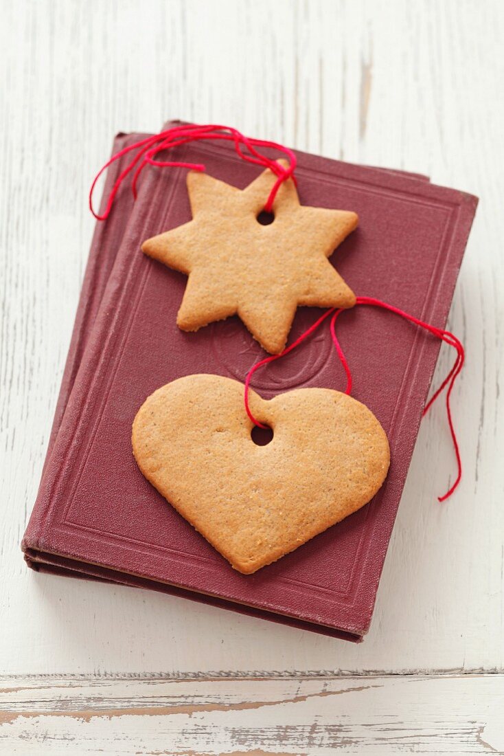 Gingerbread biscuits with ribbons on a book