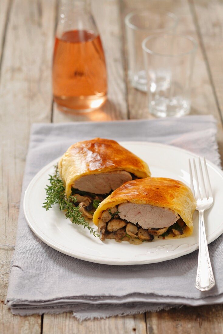 Pork fillet in puff pastry with mushrooms