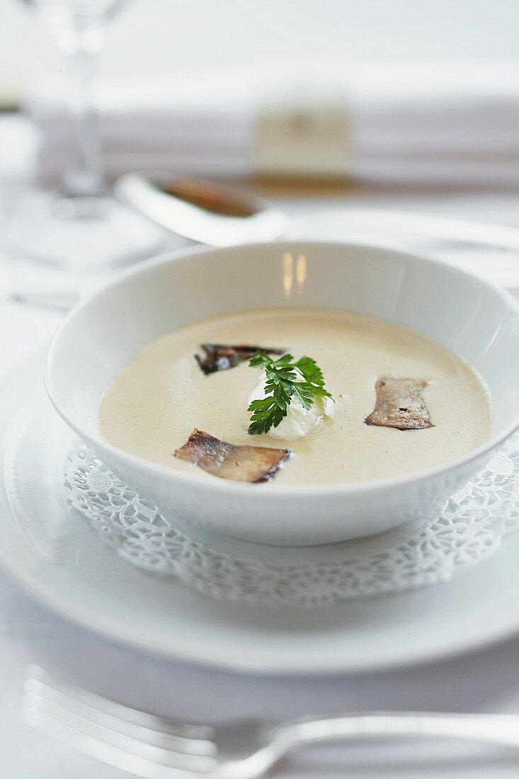 Porcini mushroom-hazel nut soup with cream