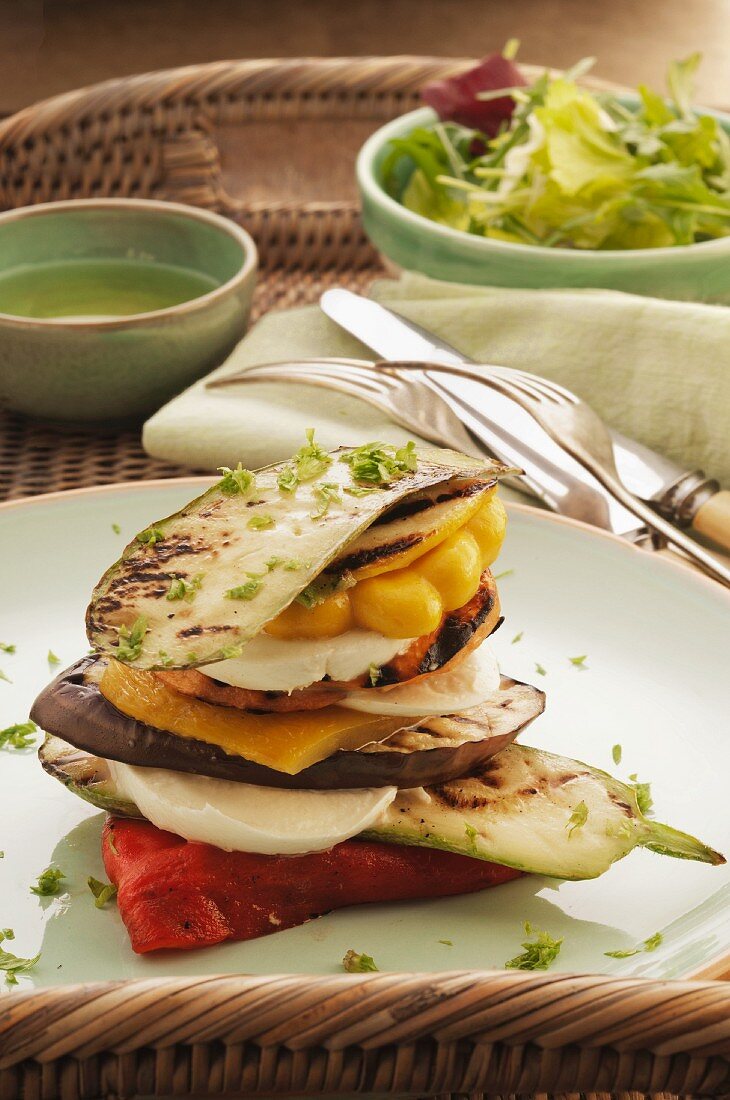 Grilled vegetable towers with mozzarella