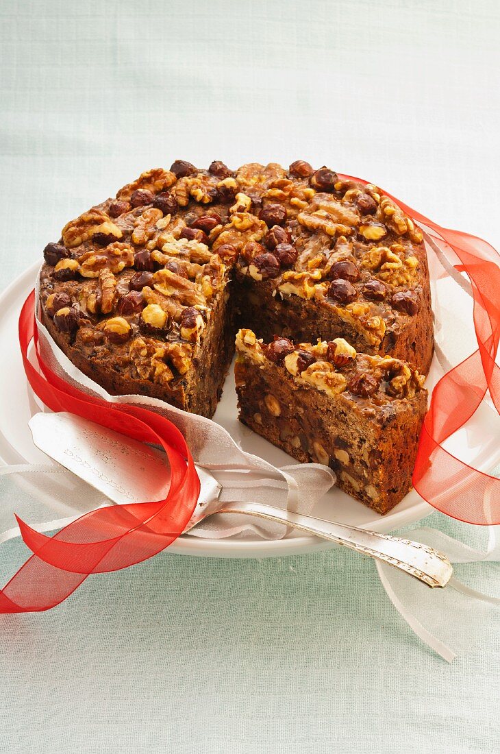 Fruit cake with nuts and chocolate