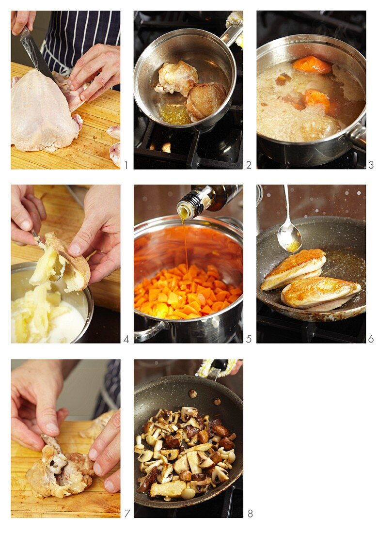 Chicken breast with mushrooms and mashed potatoes and carrots being prepared