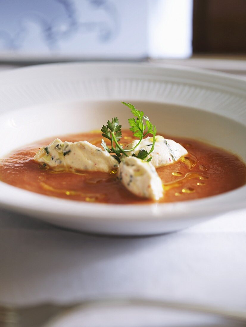 Cold tomato soup with ricotta dumplings