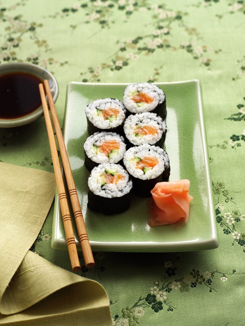 Maki sushi with salmon and cucumber