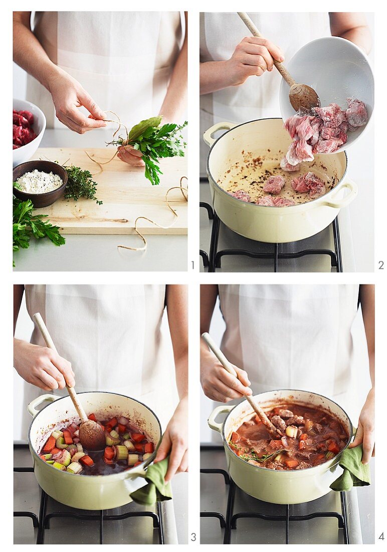 Beef stew and vegetables being made