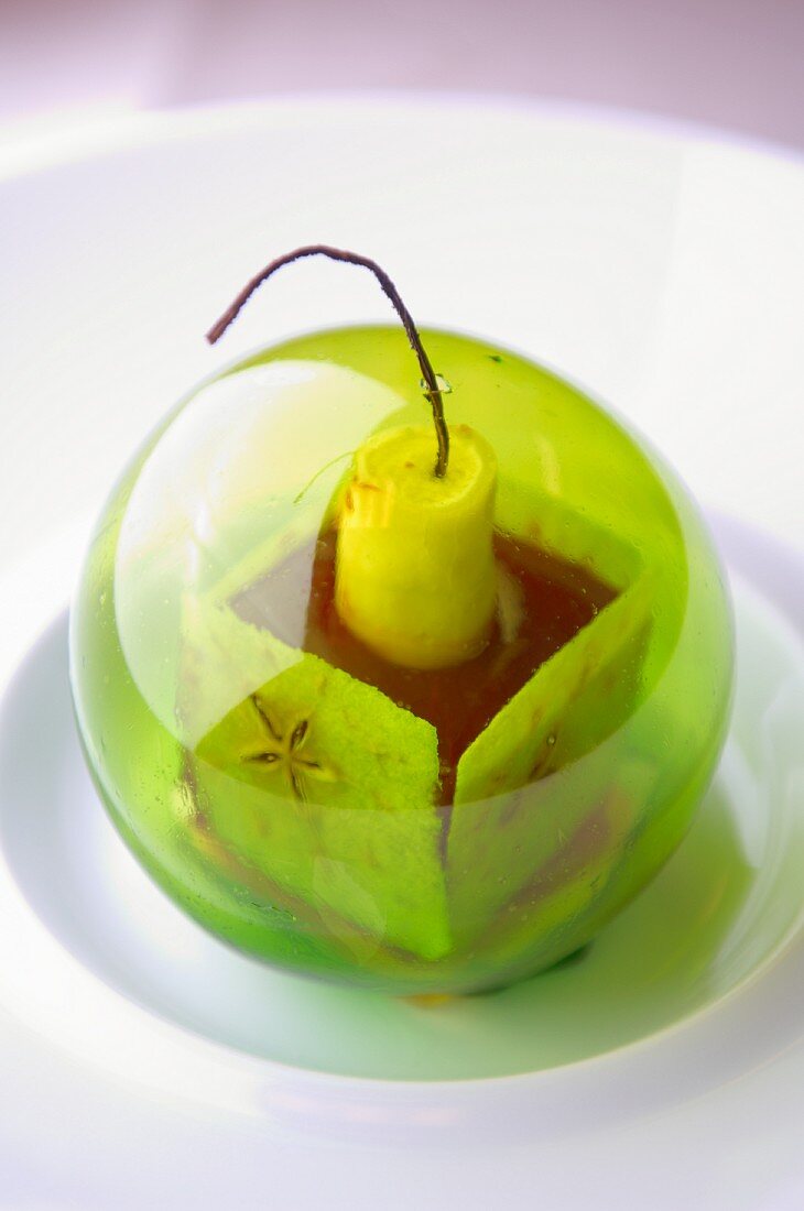 A chocolate dessert in a green ball