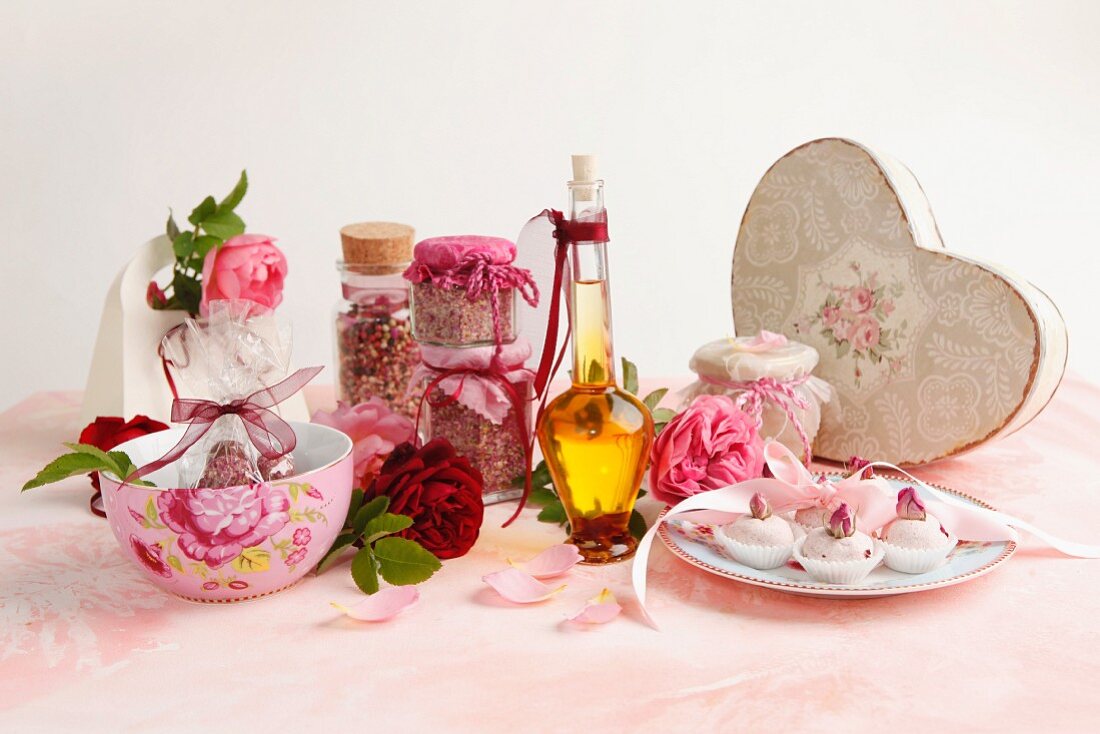 An arrangement of rose-related items