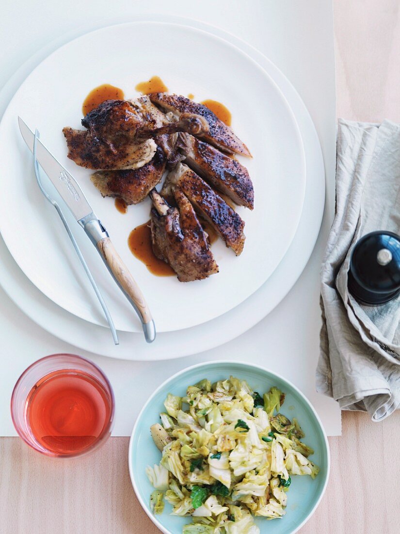 Braised duck with a savoy cabbage medley