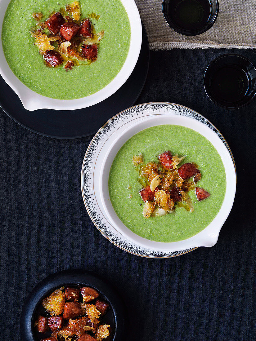 Pea and sherry soup with chorizo oil and croutons