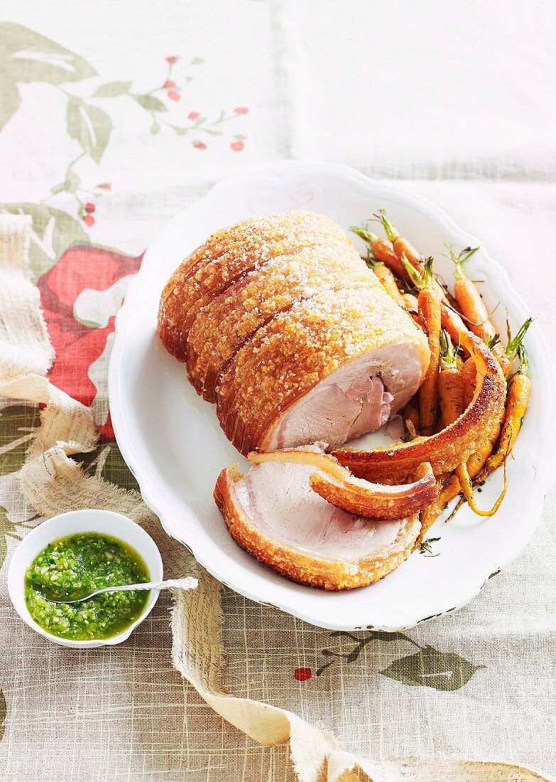 Crispy pork roulade with carrots