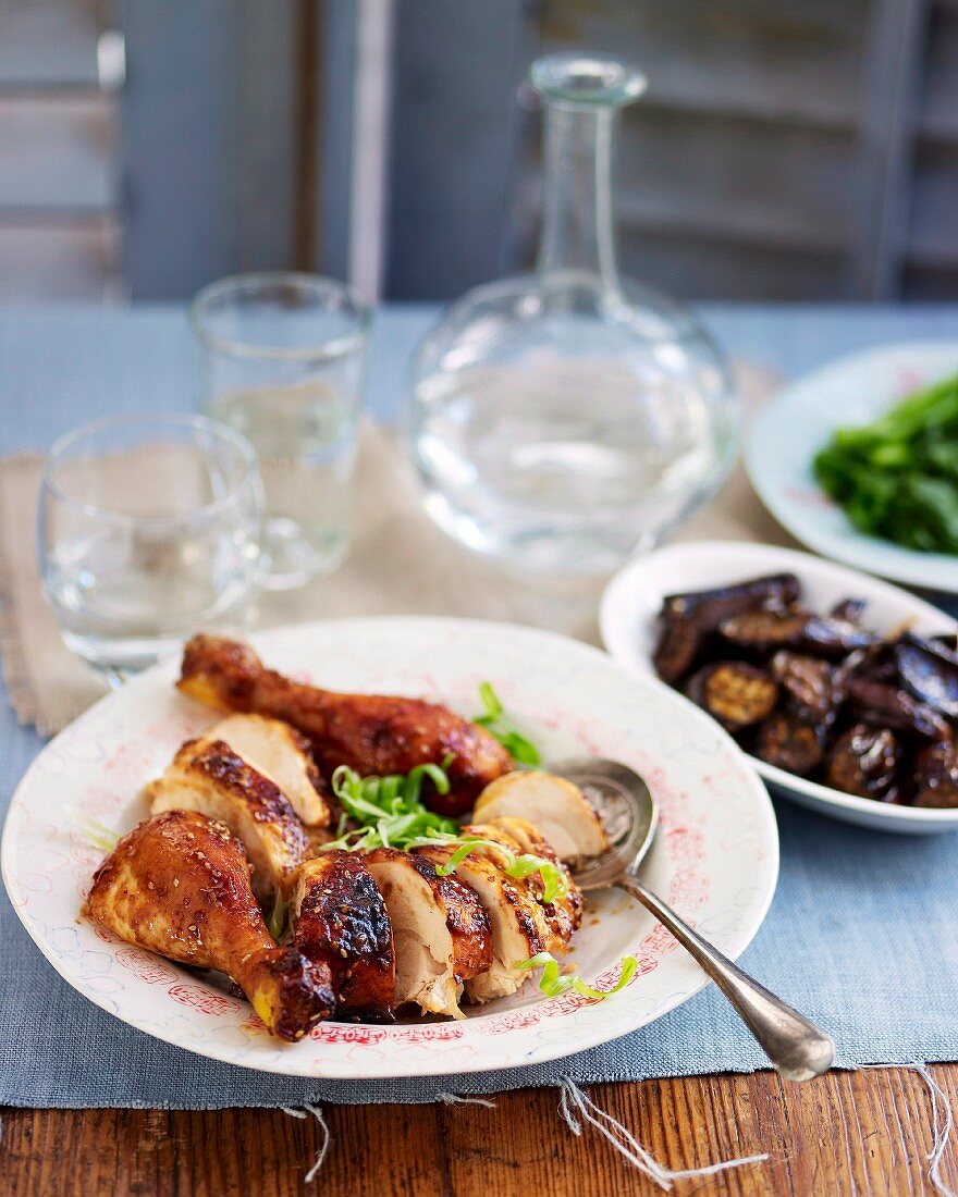 Roast chicken, sliced, on a plate