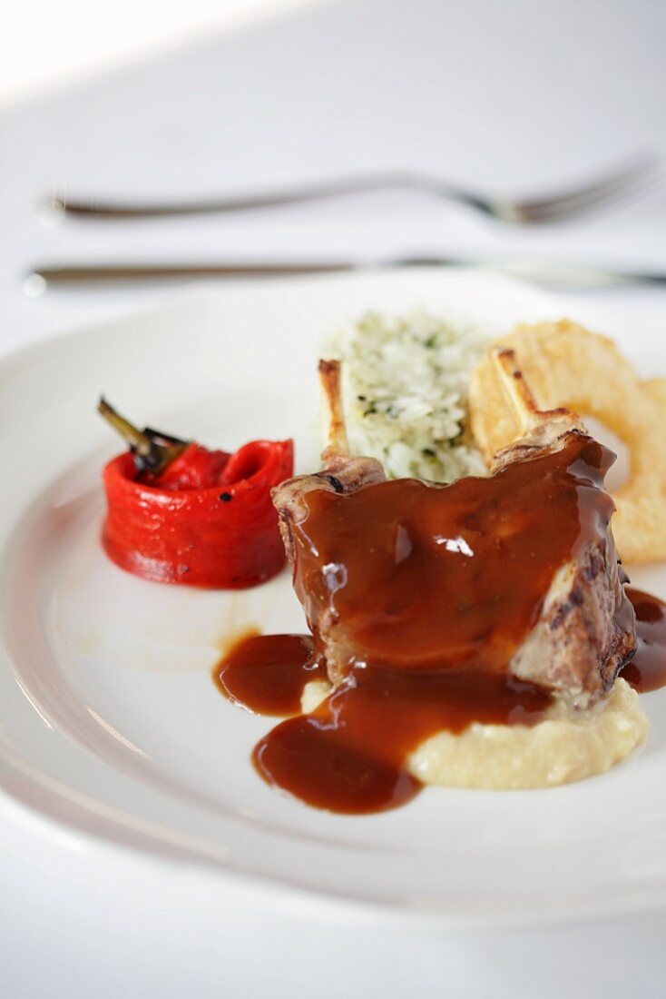 Beef fillet with gravy and side dishes