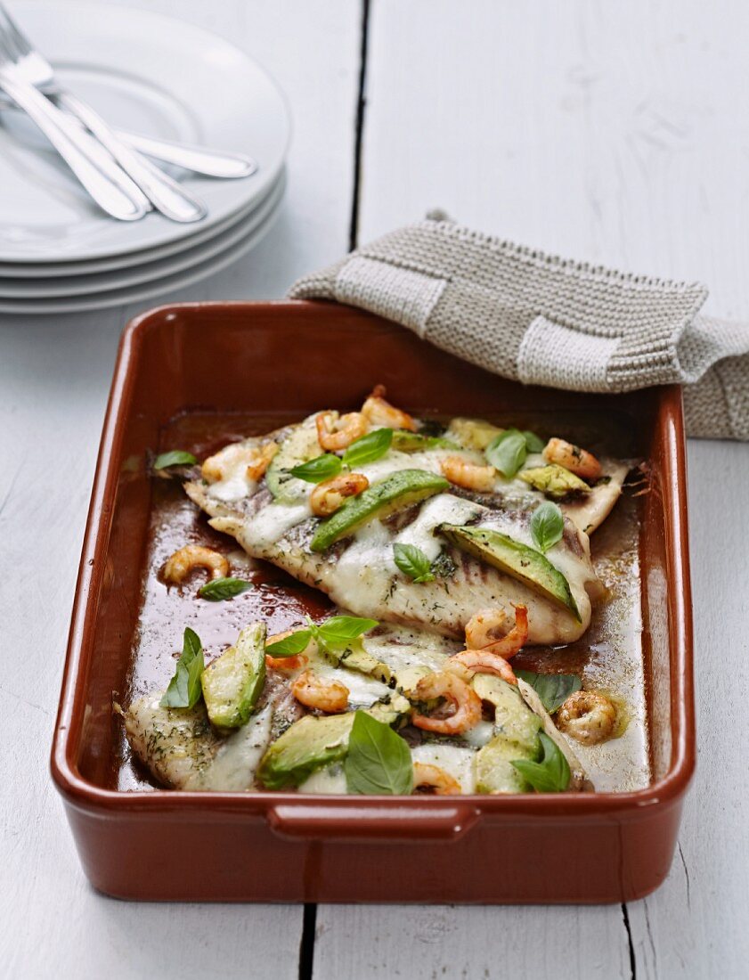 Fish with avocado, mozzarella and prawns