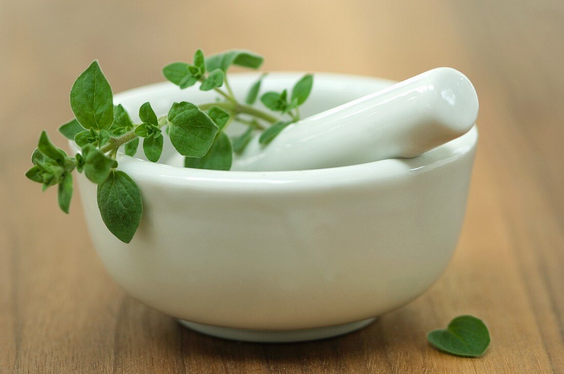 Fresh oregano in a mortar