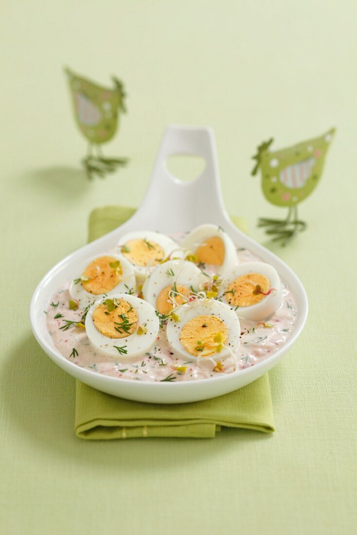 Hartgekochte Eier in Meerrettichmayonnaise mit Rübchen, Dill und Sprossen