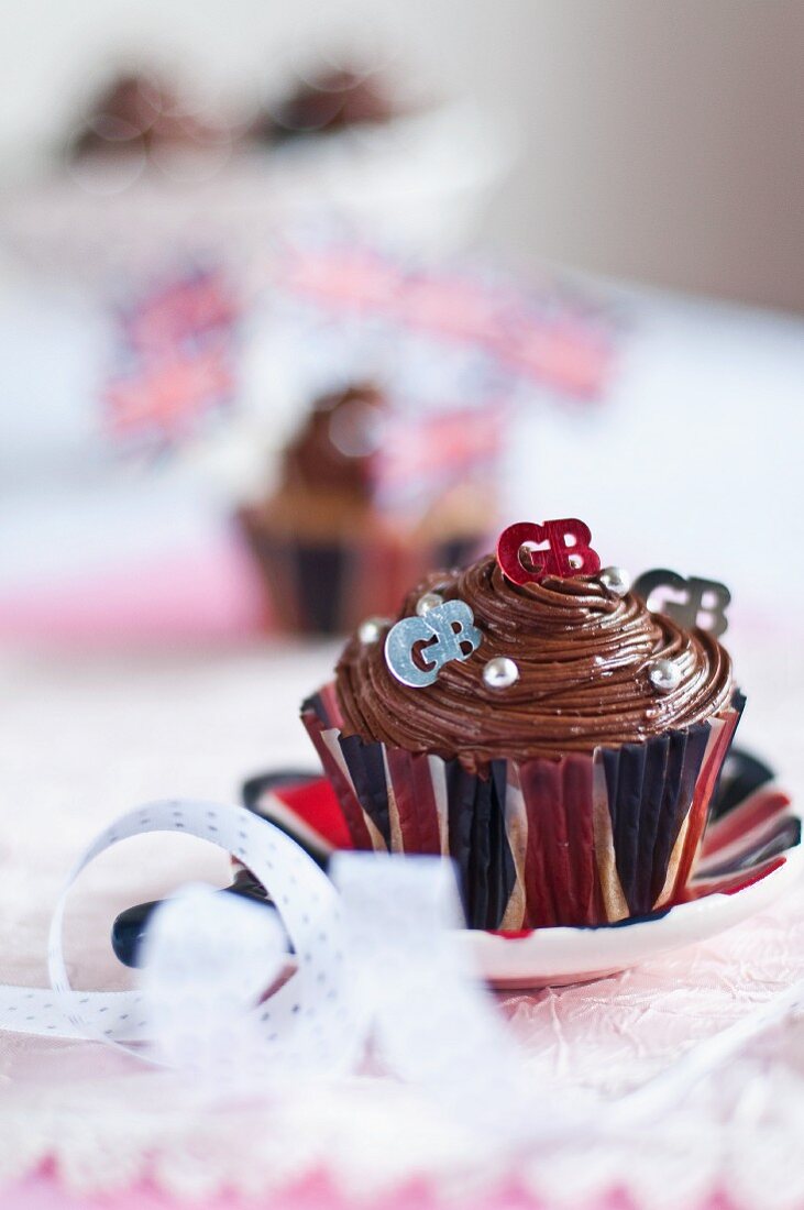 A chocolate Union Jack cupcake