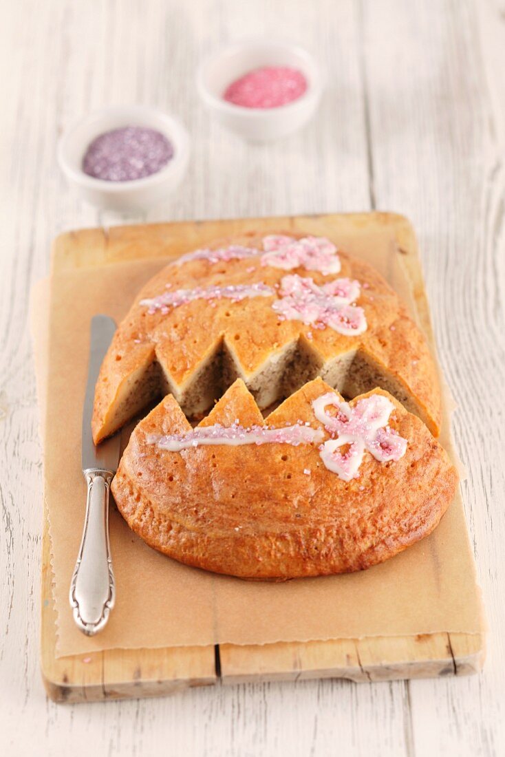 An Easter egg loaf with a hazelnut filling (halved)