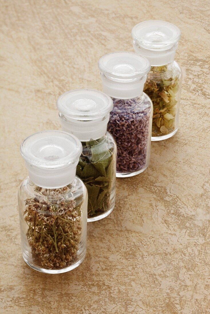 Various dried healing herbs in glass jars