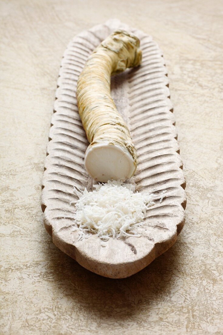Horseradish in a wooden bowl