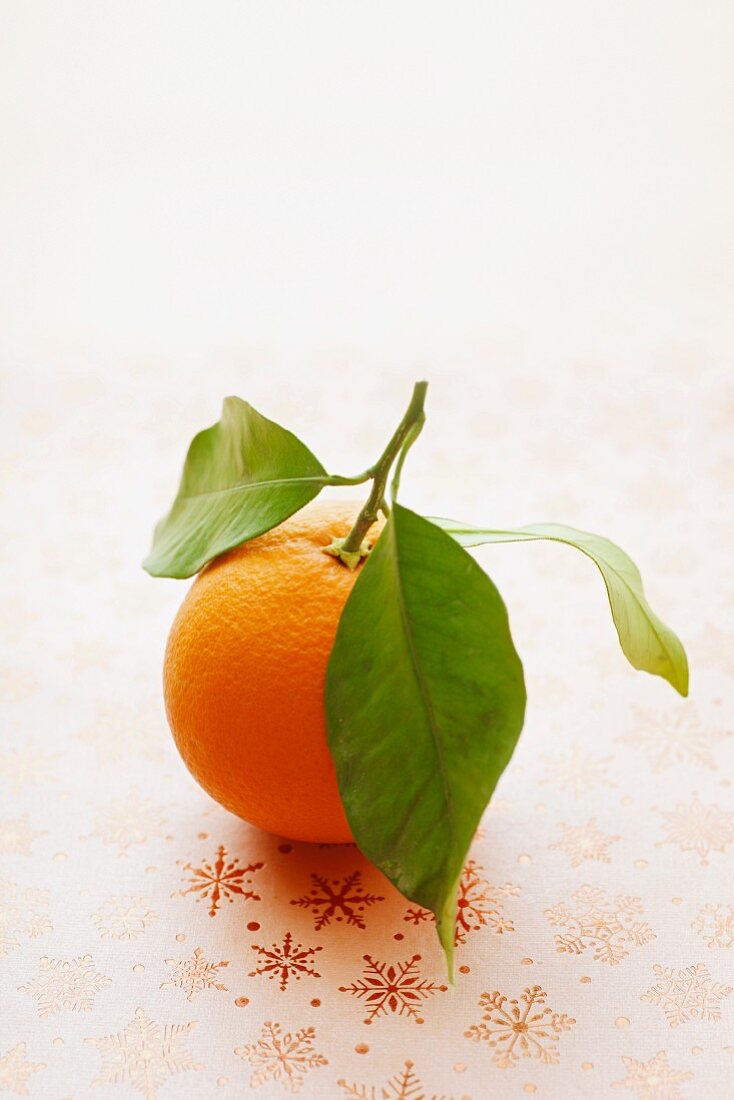 An orange with leaves