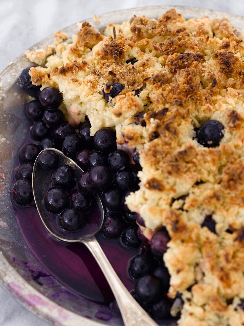 Blueberry Cobbler in Baking Dish with Scoop Removed