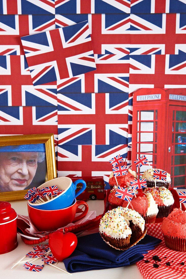 Cupcakes surrounded by British decorations