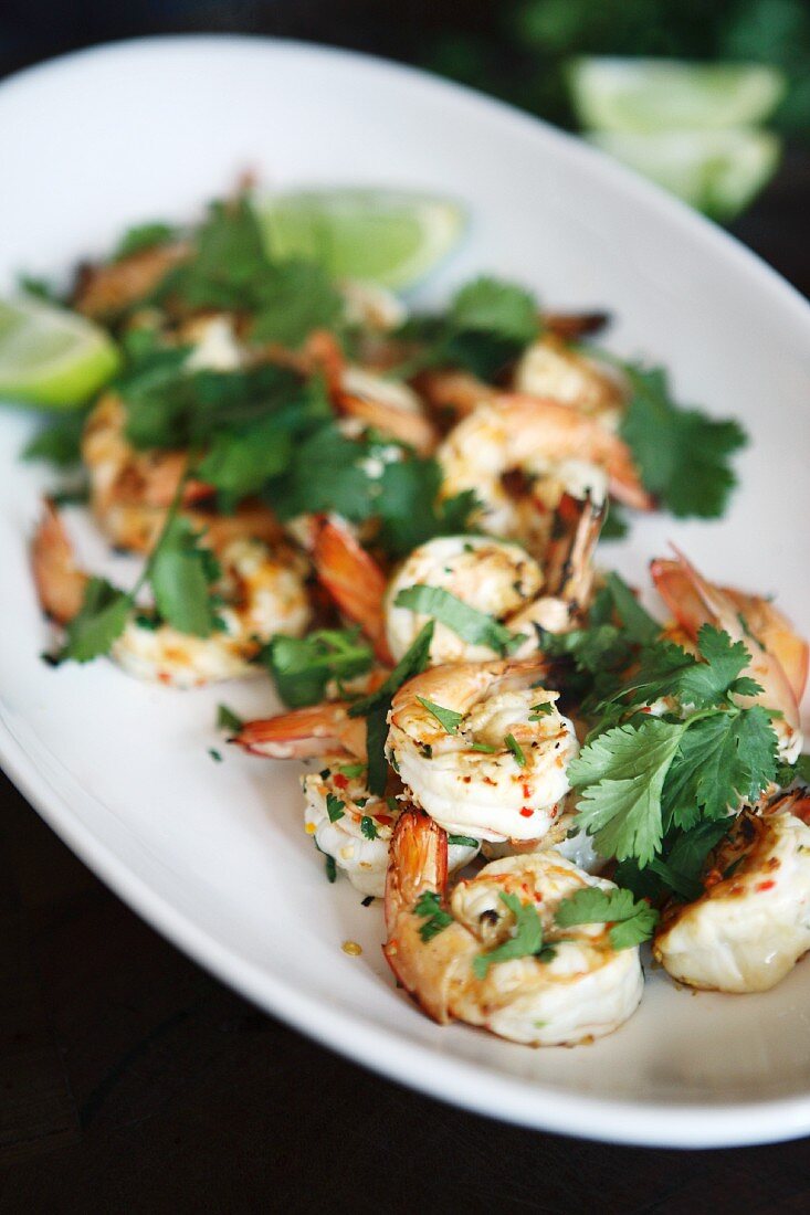 Grilled prawns with chilli, limes and coriander