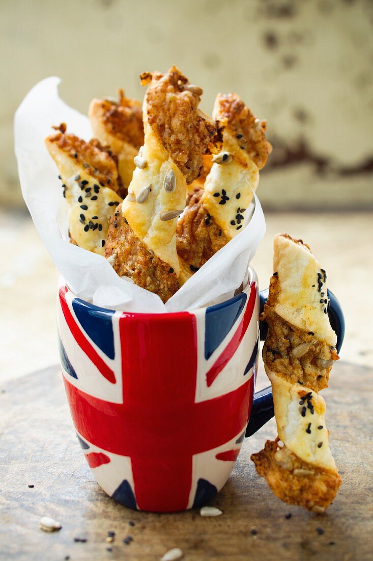 Cheese sticks in a Union jack cup