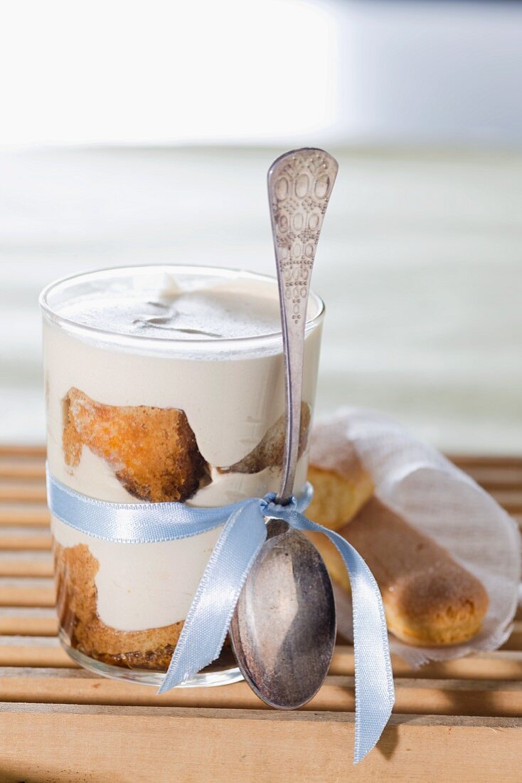 Tiramisu in Dessert Glass on a Tray for Christmas Dessert, Christmas Decoration