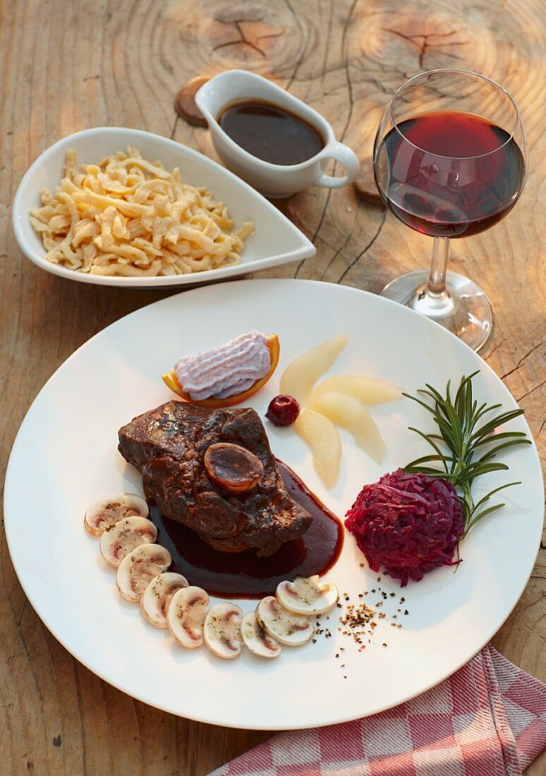 Shoulder of venison with Spätzle (soft egg noodles from Swabia) and roasted vegetables