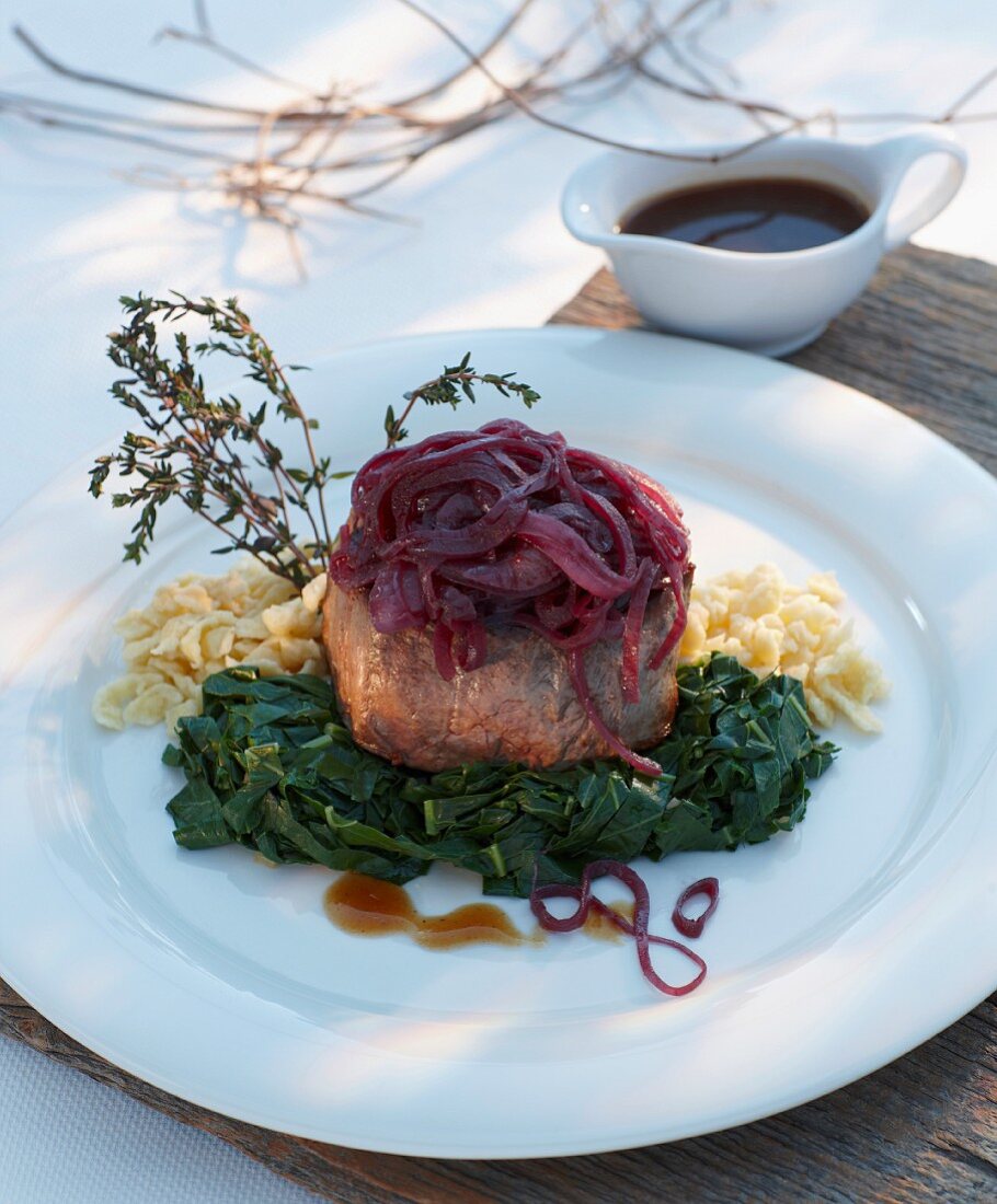 Beef fillet with onions, chard and Spätzle (soft egg noodles from Swabia)