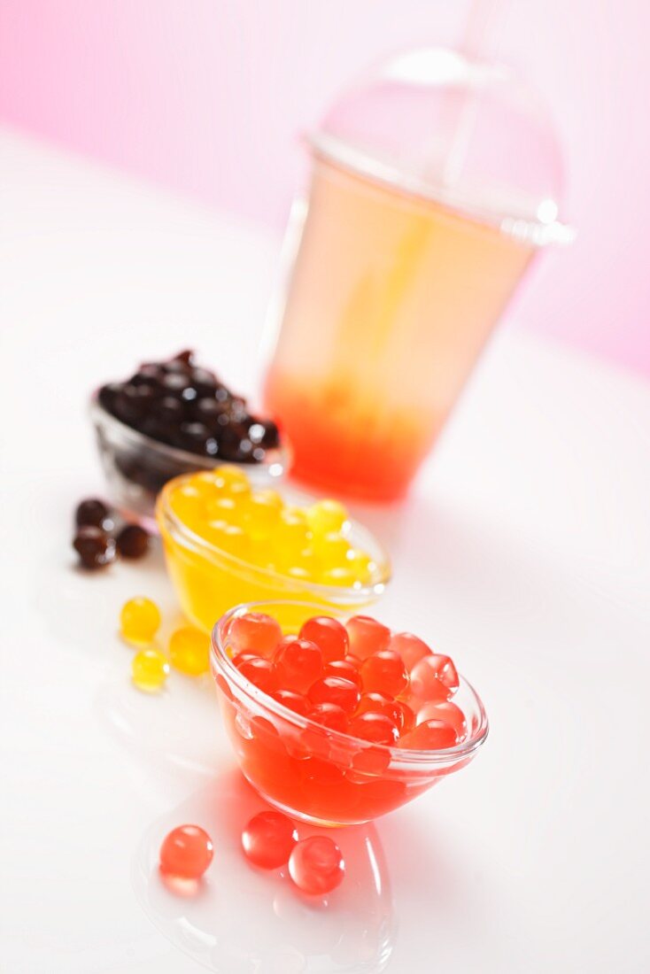 Coloured balls of cornflour and bubble tea