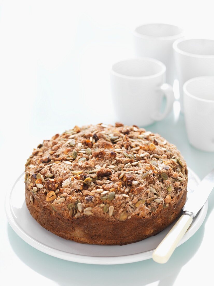 Rhubarb cake with crumbles and seeds