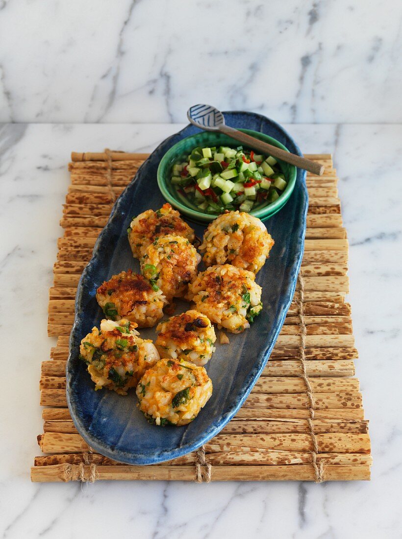 Rice and prawn cakes with cucumber relish