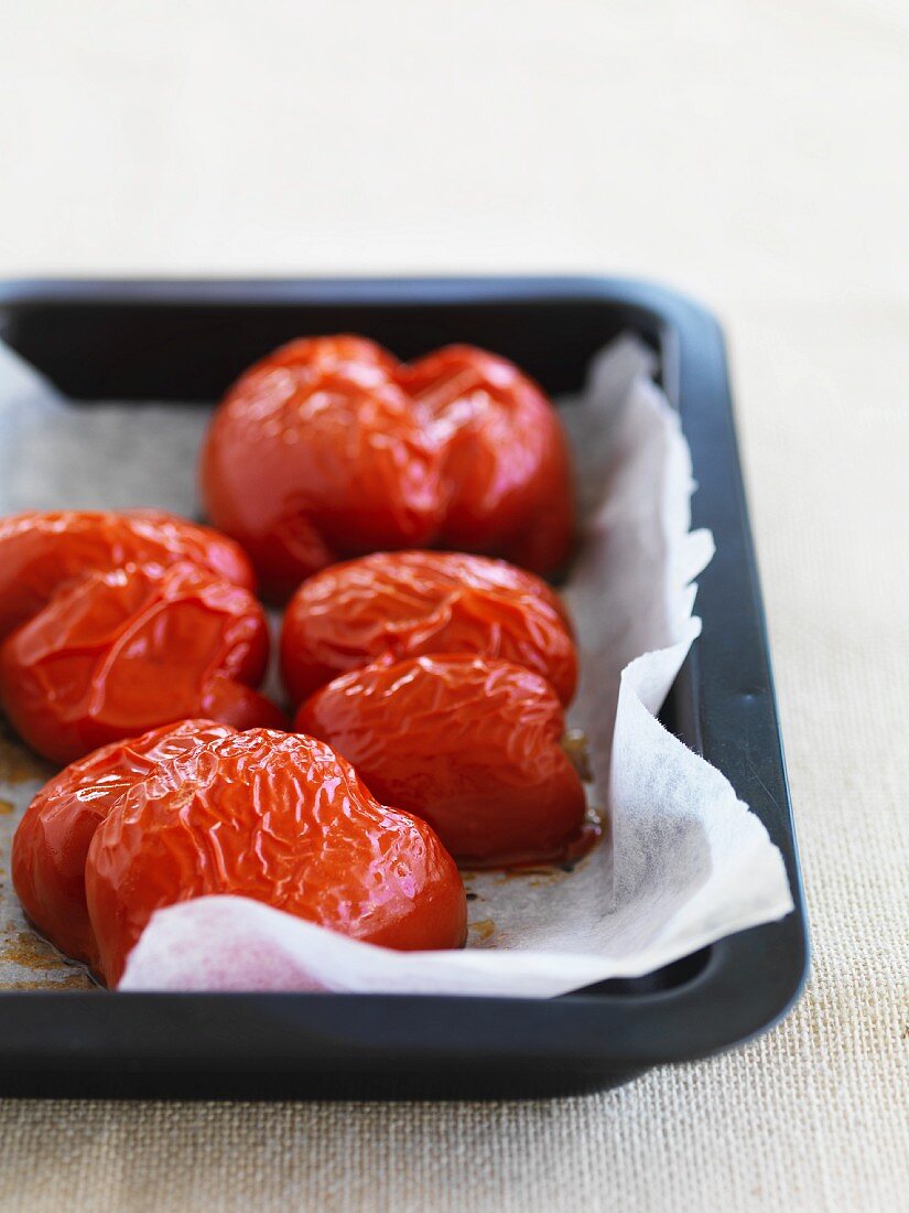 Roasted peppers on a baking tray