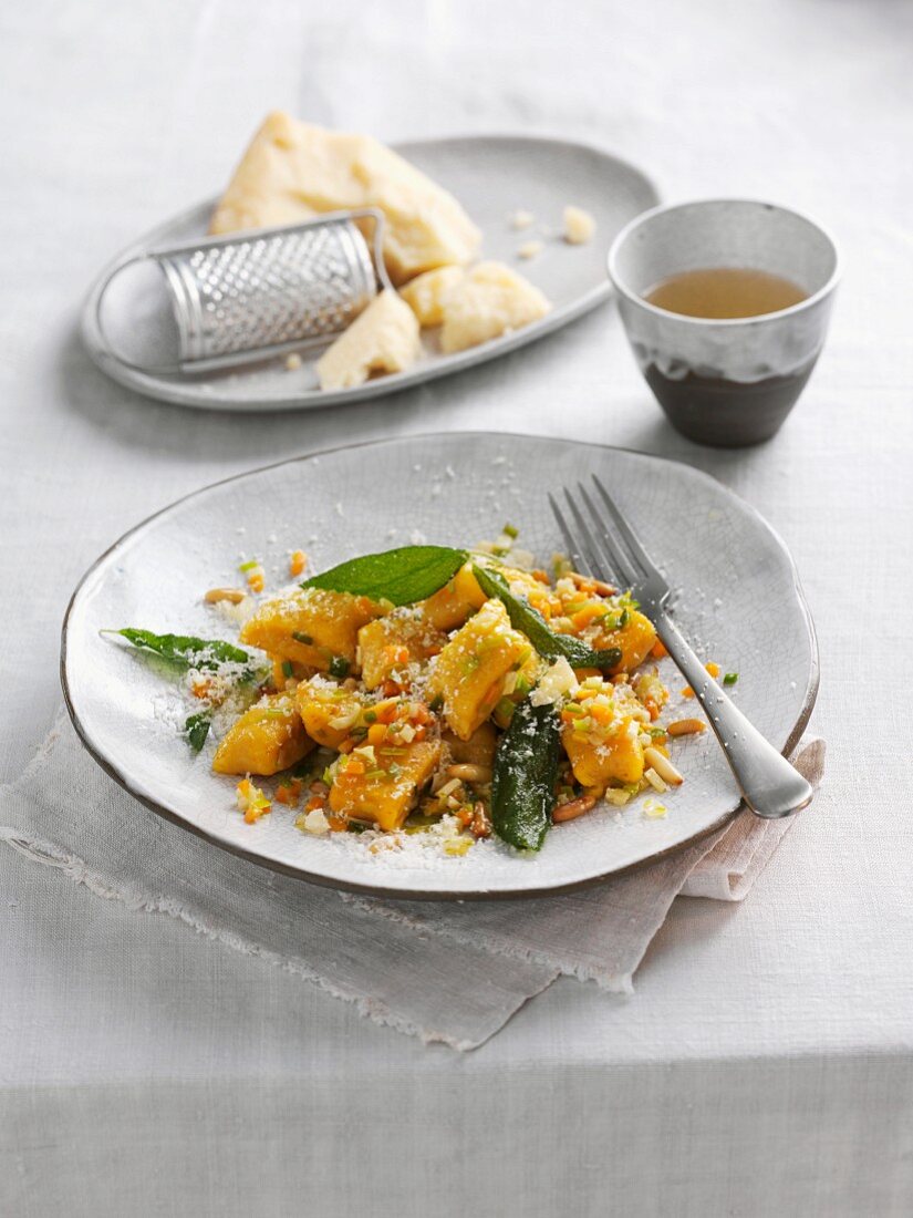 Pumpkin gnocchi with vegetables and sage