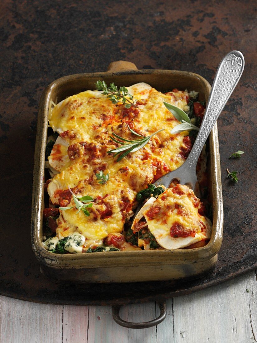 Tofu and spinach lasagne with blue cheese