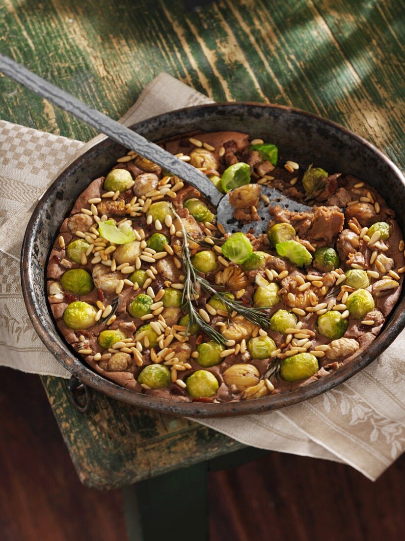 Chestnut bake with Brussels sprouts and pine nuts