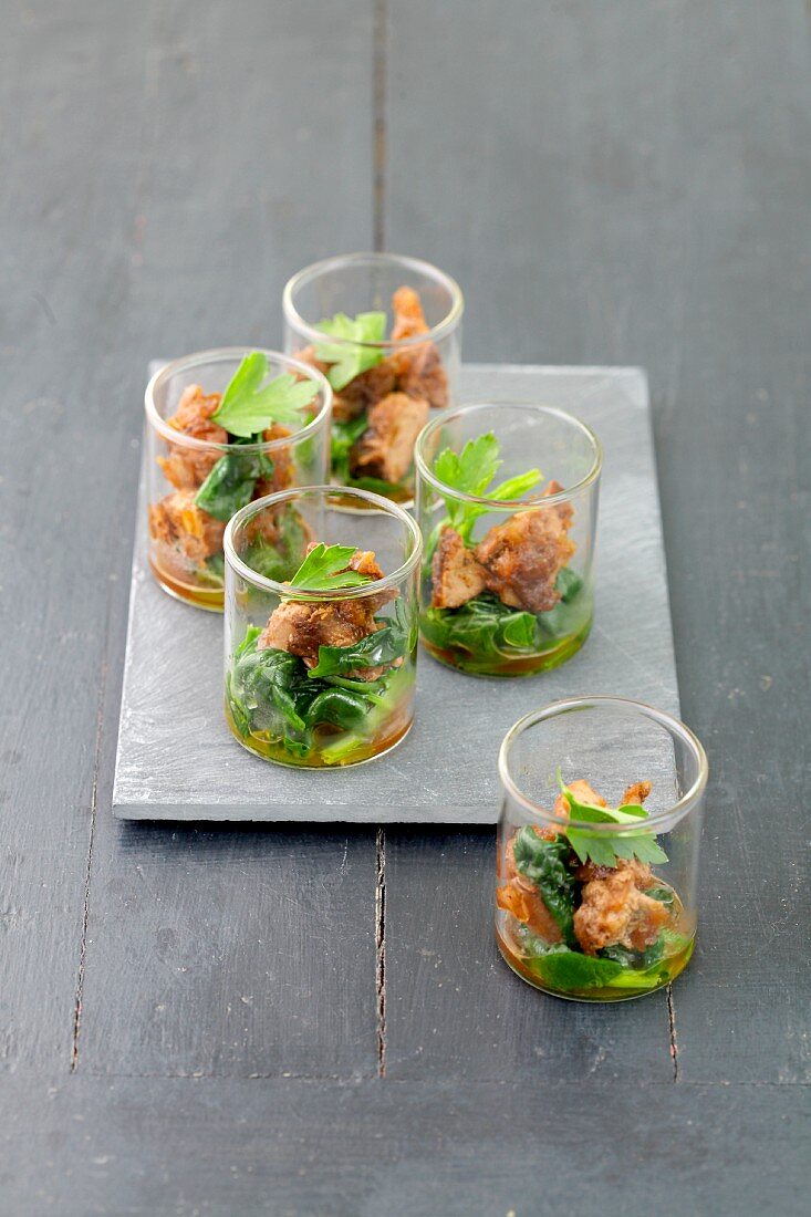 Appetizer - glasses filled with chicken and spinach