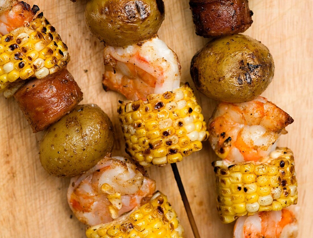 Shrimp, Corn, Sausage and Potato Kabobs