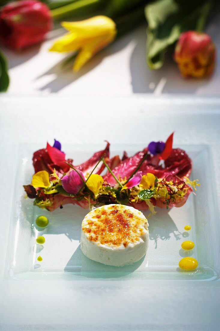 Dandelion salad with goat's cream cheese and raspberry vinaigrette