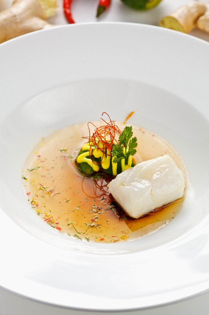 Cod fillet in a spicy broth on sautéed vegetables